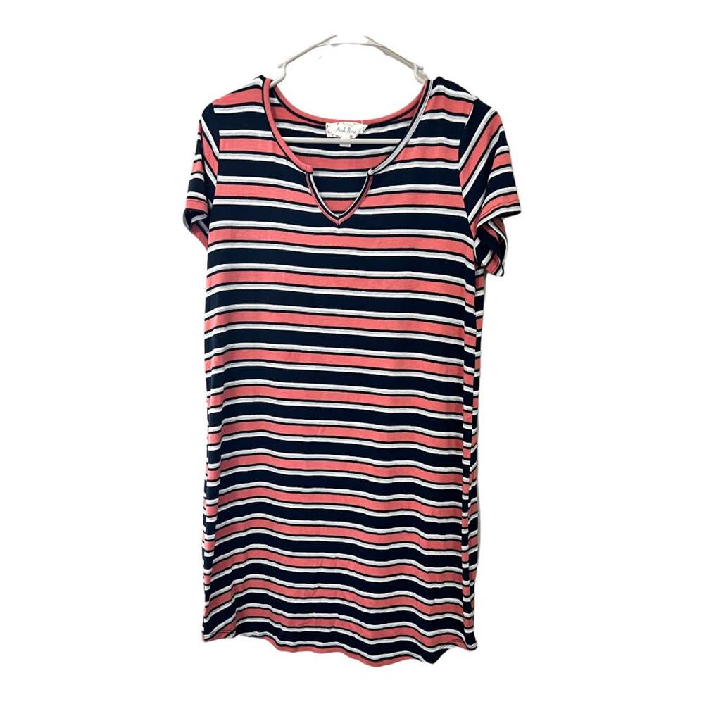 Pink Rose T-Shirt Dress Womens Size Large Stripes Pink & Black Stripes V- Neck
